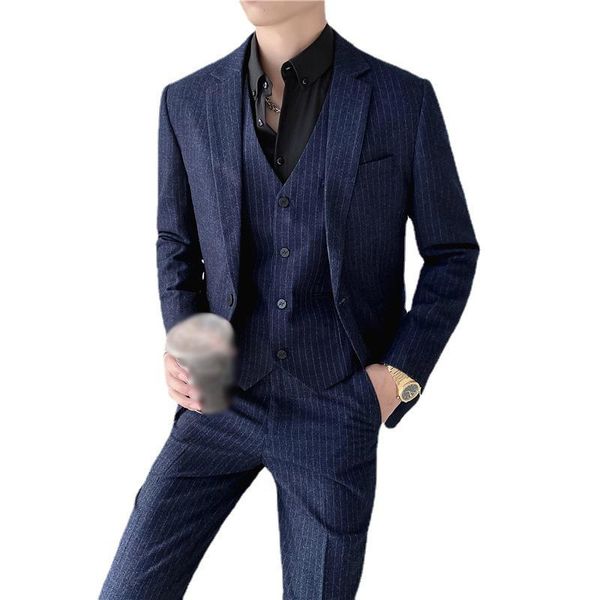 

men's suits & blazers 2021 striped autumn and winter fashion simple double-breasted slim wedding dress suit three-piece, White;black
