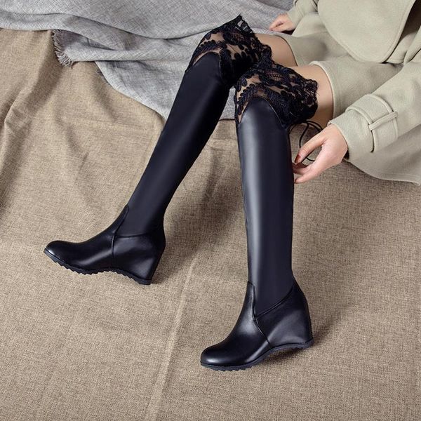 

boots fashion women white long for female wedges thigh high bootis over the knee ladies women's spring shoes, Black