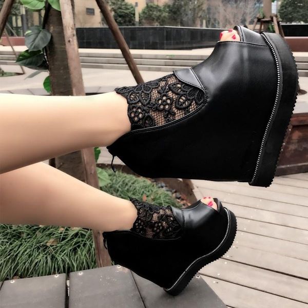 

sandals 15cm high heel platform wedge short boots women's shoes increased lace 2021 spring, Black