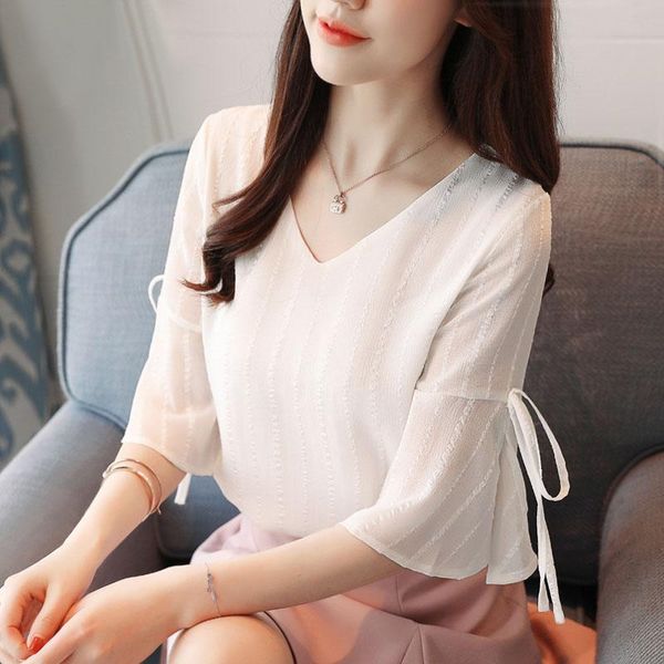 

women's blouses & shirts design women spring summer style chiffon lady casual half flare sleeve bow tie striped v-neck, White