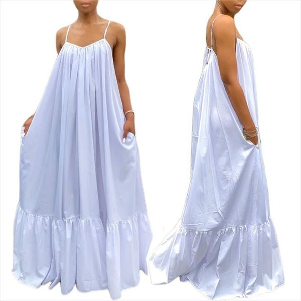 

spaghetti straps v neck women dresses long loose solid color open back sleeveless ruched big hem maxi, Black;gray