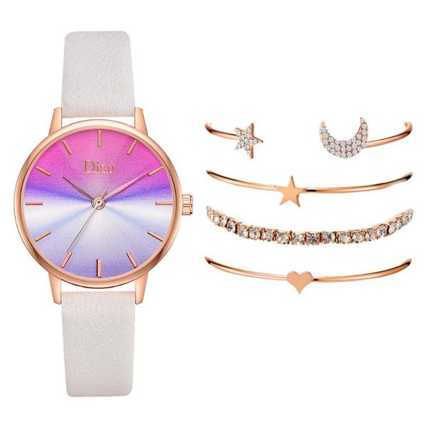 

wristwatches 5pcs women leather watches set gradient dial fashion quartz clock ladies wrist watch luxury star bracelet gift, Slivery;brown