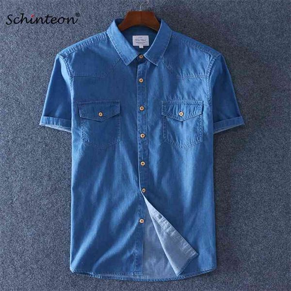 Schinteon Estate 100% Cotone Uomo Manica corta Denim Camicia sottile Jeans slim morbidi Taglie forti Due tasche frontali 210809