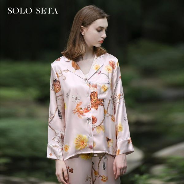 

soloset 100% silk pajamas suit for women's comfortable and elegant printed home clothes sleepwear, Black;red