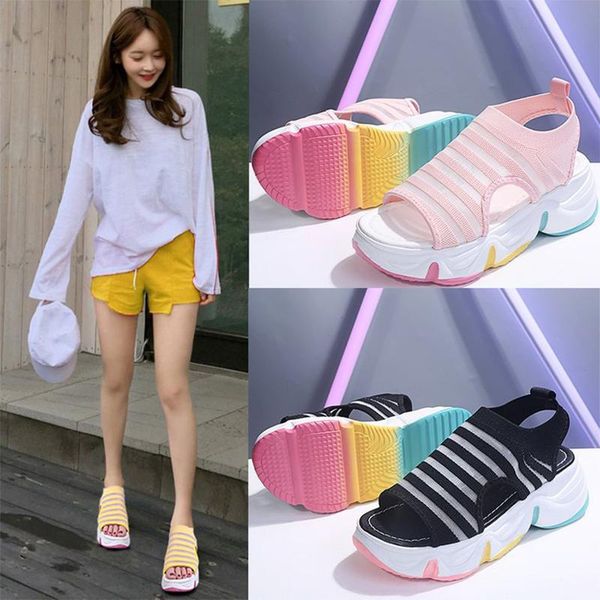 

sandals 2021 casual women breathable summer wild colorful bottom platform shoes wedge classic sandalias, Black