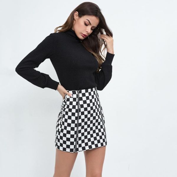 

skirts streetwear double zipper checkered pencil women autumn winter high waist mini plaid skirt plus size jupe femme d4788, Black