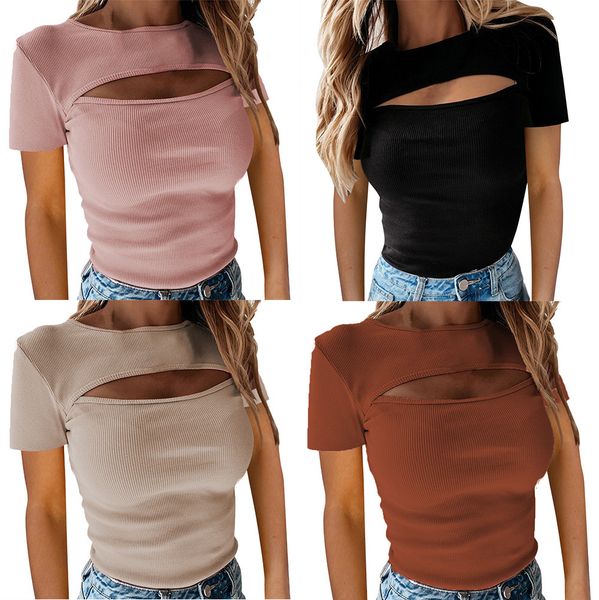

2021 breast hollow long sleeve rib women fashion chest, White
