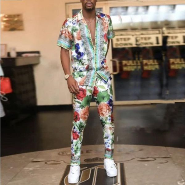 

men's tracksuits suit summer casual loose print short-sleeved shirt + trousers 2-piece set 2021 clothes streetwear suits, Gray