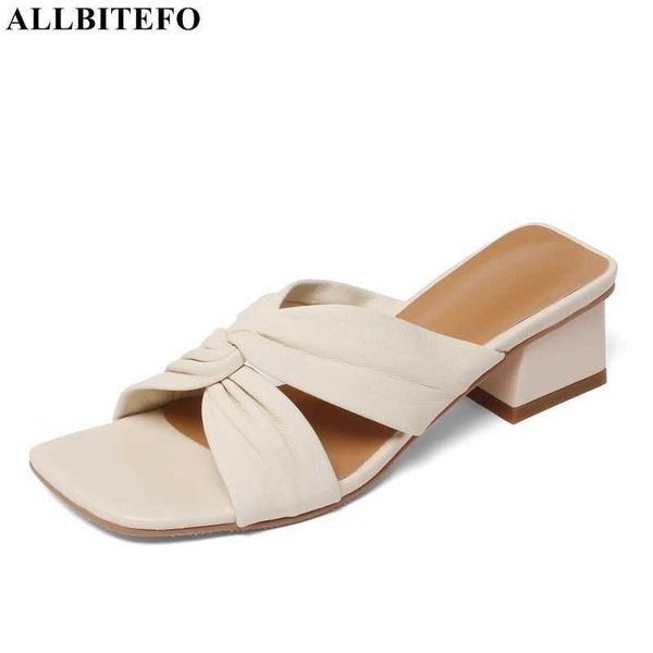 

allbitefo thick heels genuine leather summer women slippers autumn/spring women heels shoes women sandals high heels shoes 210611, Black