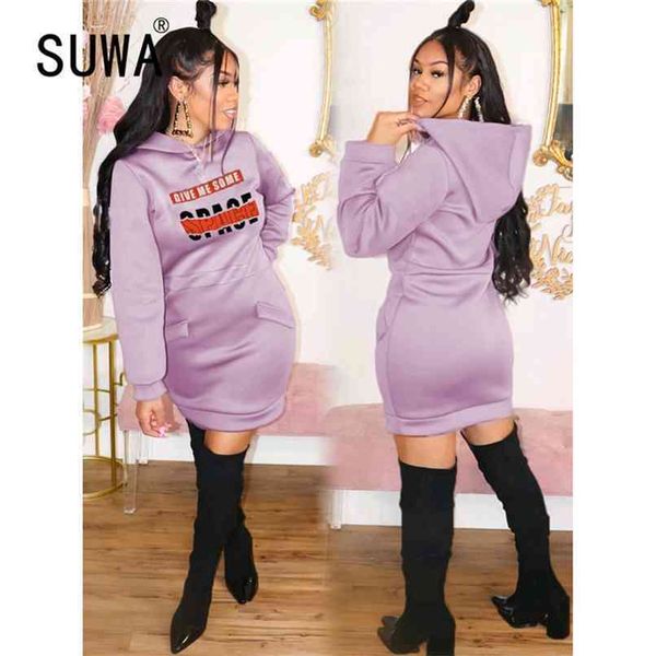 Otoño Invierno Producto al por mayor Mujeres Carta Impreso Sudaderas con capucha Sudadera Top Manga larga Bodycon Mini vestidos Streetwear 210525