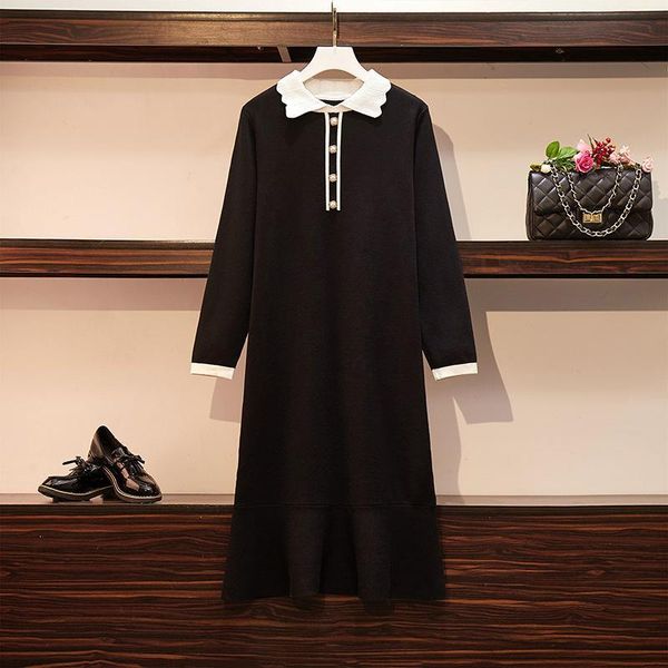 

casual dresses large size autumn winter knitted dress women 4xl plus black buttons sweater big office work, Black;gray