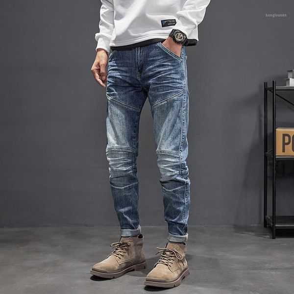 

men's jeans ly vintage fashion men retro blue elastic slim fit spliced designer biker hip hop denim pants