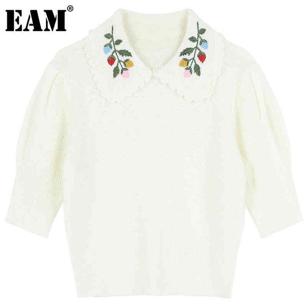 

[eam] women white casual embroidery knitting floral t-shirt lapel three-quarter sleeve fashion spring summer 1dd7994 21512