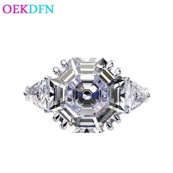 

octagon 12*12mm created + zircon s925 sterling silver ring for women luxury engagement wedding jewelry rings cluster, Golden;silver