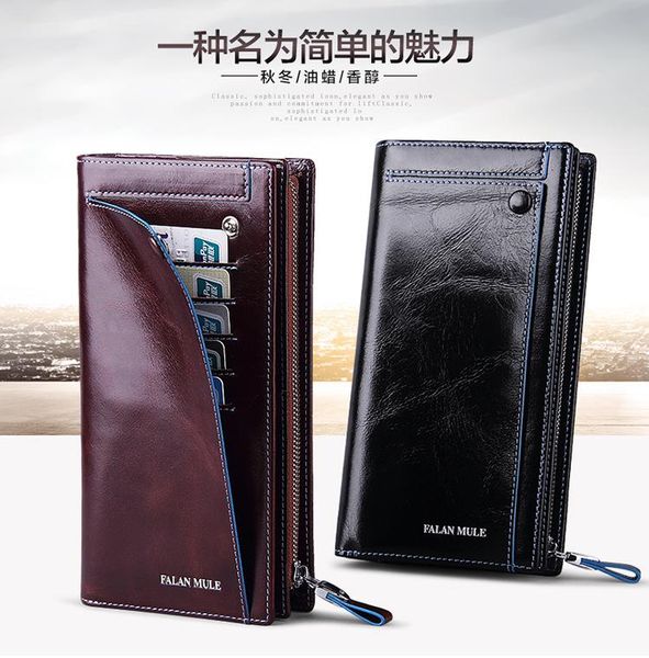

wallets 100% genuine leather men's wallet long zipper cowhide business card holder bag purse men, Red;black
