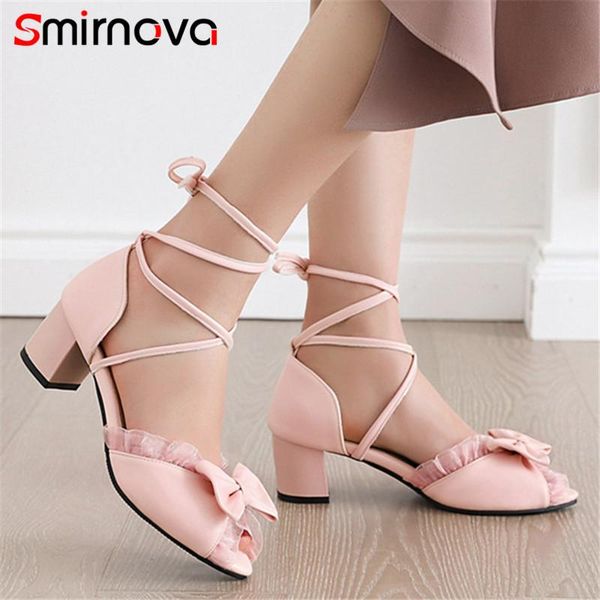 

smirnova 2021 women sandals cross tied pu bowknot summer square heels casual shoes comfortable concise woman, Black