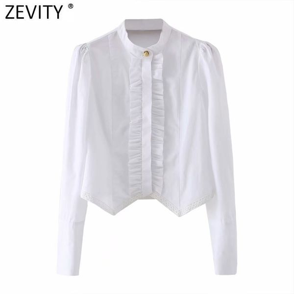 Zevity New Women Sweet Agaric Lace Design White Smock Camicetta Office Lady Stand Collar Chic Camicie Business Femininas Top LS7692 210419