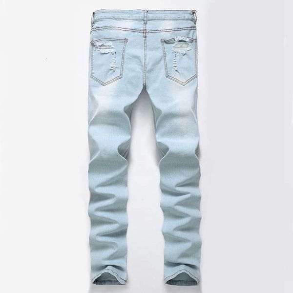 

men casual denim vintage ripped big holes jeans bleached pencil pants elastic mid waist high quality, Blue