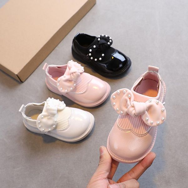 

flat shoes cute pearls bowtie girls leather flats princess 1-7 years old children' soft sole kids t21n09ls-20, Black;grey