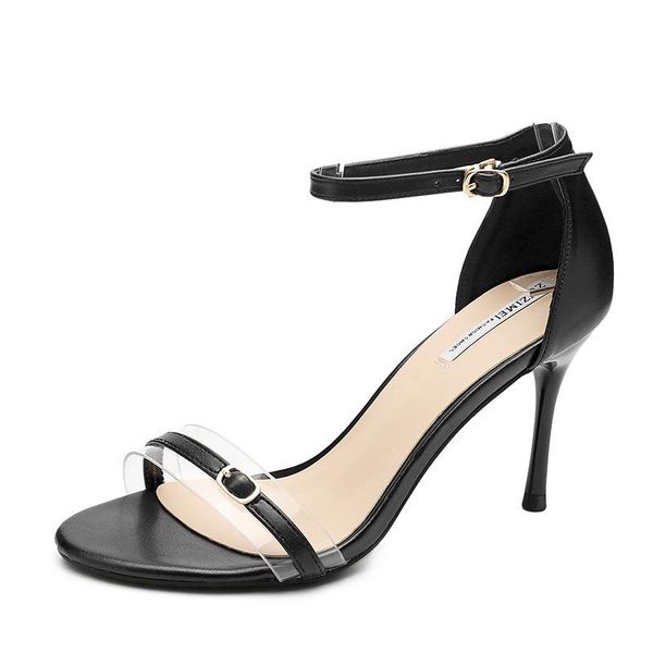 

women sandals pu buckle strap 8cm thin heels high round toe shallow shoes sandalias mujer 2021 size 35-42 black