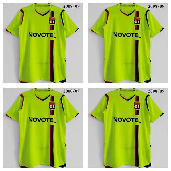 

2008/09 lyons retro soccer jersey star benzema 10 juninho 8 anderson 9 pjanic 18 vintage futbol shirts kit classic 2009 away green foot, Black;yellow