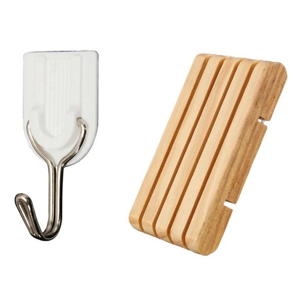 

hooks & rails wooden home bathroom shower soap box dish plate holder drip tray case container with 6pcs wall door self-adhesive hook
