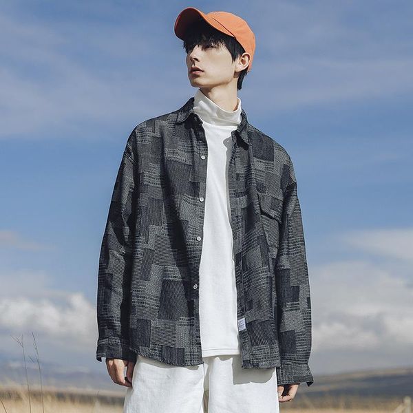 

men's casual shirts plaid long sleeve shirt korean autumn loose trendy retro all-matching work clothes coat black, White;black