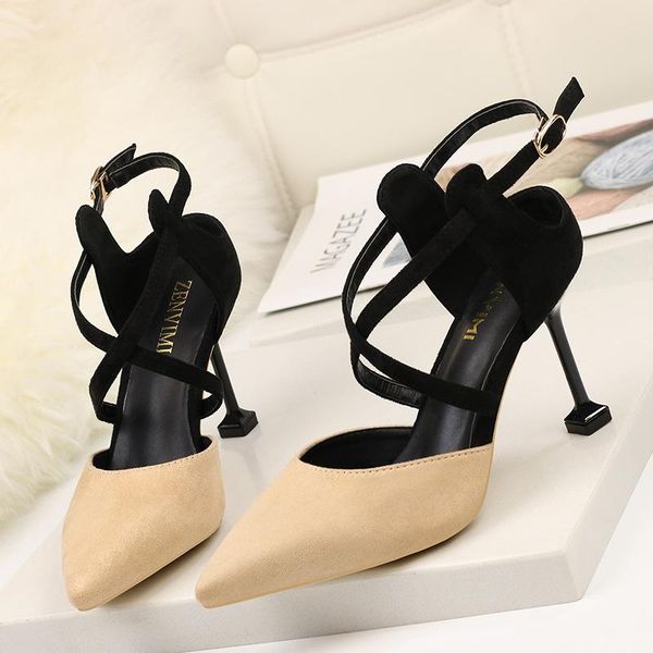 

dress shoes summer europe/america 2021 cross belt ladies high heel sandals cat with women single heels zapatos de mujer, Black