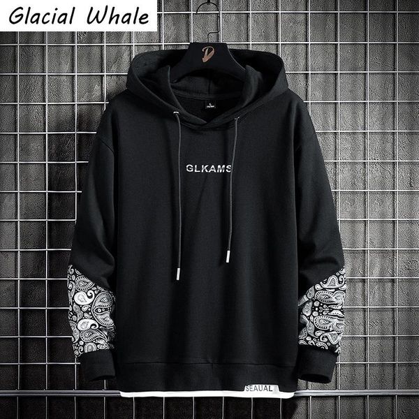 

men's hoodies & sweatshirts glacialwhale mens men winter 2021 casual patchwork sweatshirt oversized streetwear harajuku hip hop black h