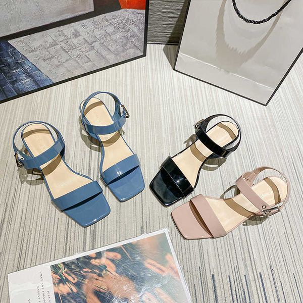 

patent leather chunky heel sandals womens korean-style with simple fairy style high, Black
