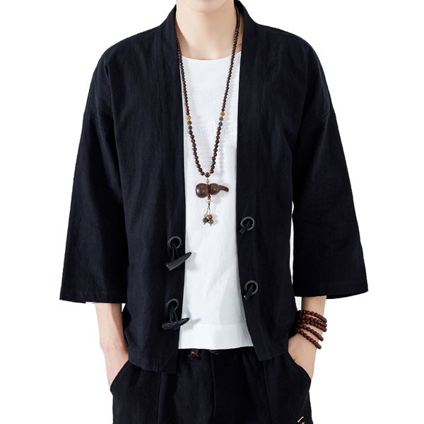 

polo mens cotton linen shirts japan kimono horn buckle male chinese traditional style vintage open stitch korean shirt, White;black