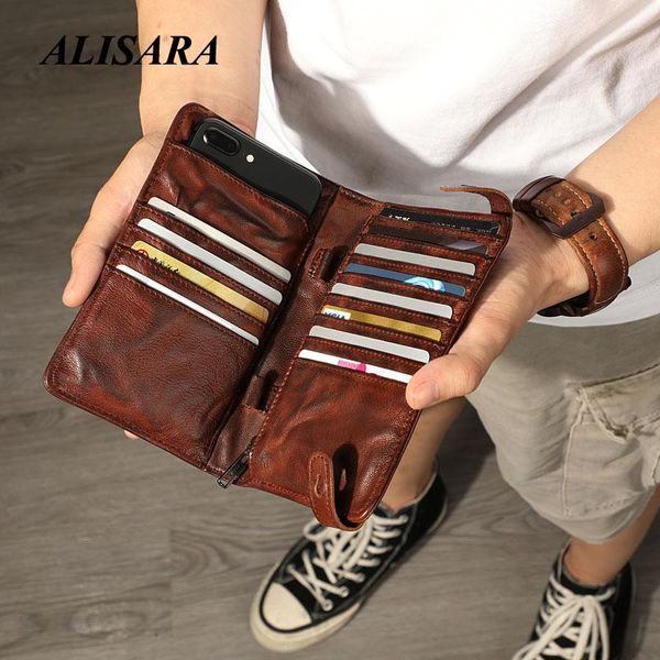 

wallets original wallet bag men's multi-card ticket holder large capacity horizontal section old fold long clutch handbag handmade, Red;black