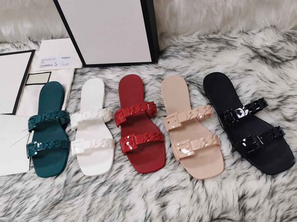 

sandal slippers sandals brand lady solid flat stylist fashion plastic chain jelly women luxury designers leather slides with patent box wnud, Black