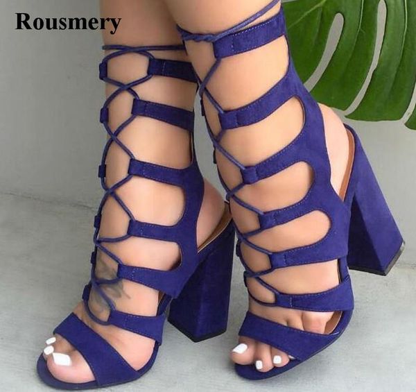 

fashion women open toe suede leather lace-up thick heel gladiator sandals cut-out high dress shoes, Black
