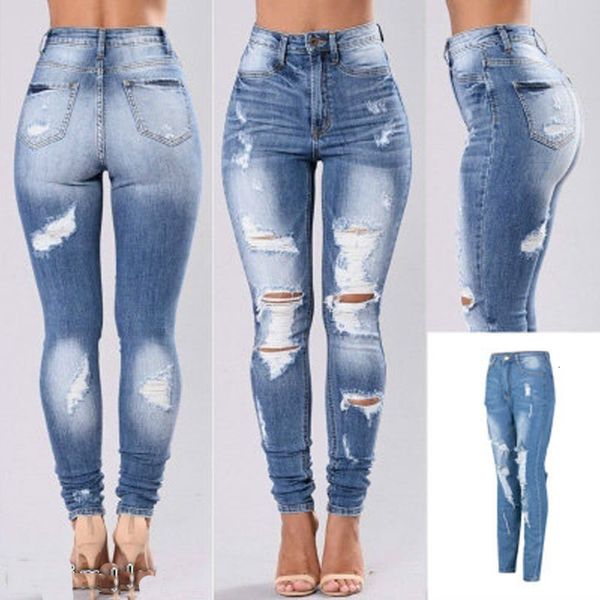 

high female waist thin torn hole casual drawing of denim brem pants, Blue