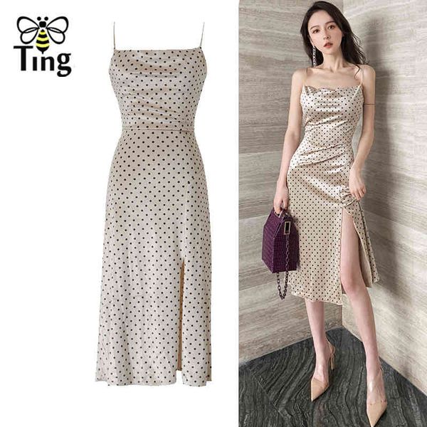 

spaghetti strap champagne velvet dress women front split polka dot party elegant summer clubwear 210513, Black;gray