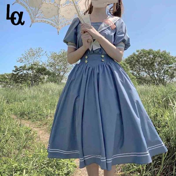 

harajuku sailor collar navy dress japanese lolita sweet bow-knot girl retro cotton kawaii preppy style short sleeve 210519, Black;gray
