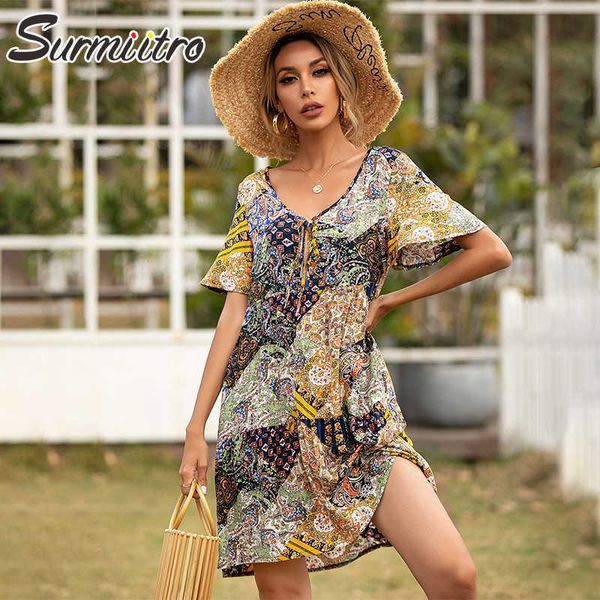 

surmiitro boho short sleeve women dress summer floral print sundress lace up tunic beach party sun mini dress female 210712, Black;gray