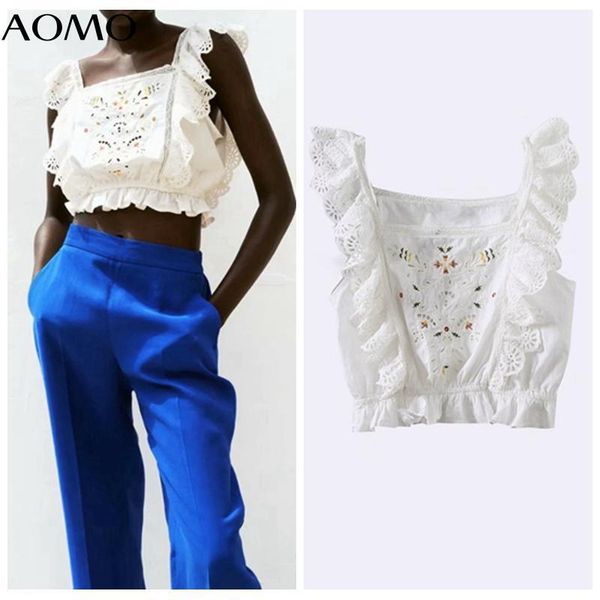 

women's blouses & shirts aomo women retro embroidery cotton blouse shirt ruffles sleeveless 2021 chic female crop 6h85a, White