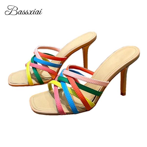 

sandals colorful cross narrow band runway mules lady summer stiletto heel open toe slingbacks real leather women, Black