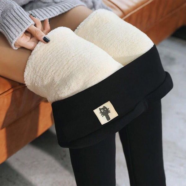

casual winter thick lambskin cashmere women leggings pants high waist velvet thicken trousers female fleece warm fur plush sweatpants, Black