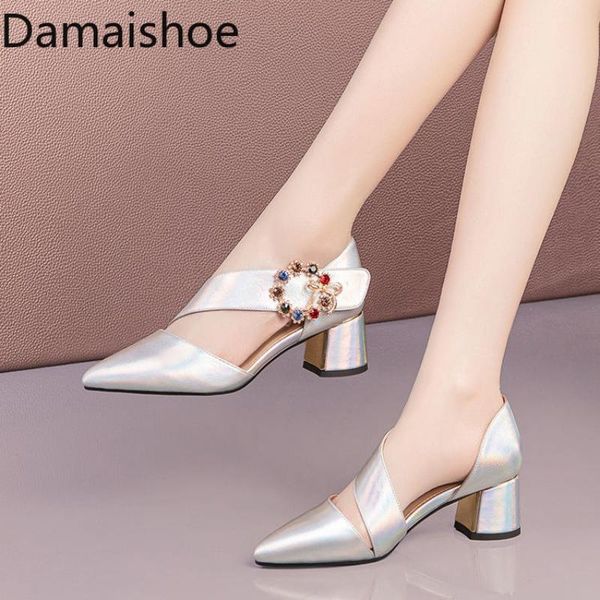 

sandals chunky heel closed toe women 2021 summer real soft leather mid shoes rhinestone pointed bottom pumps, Black