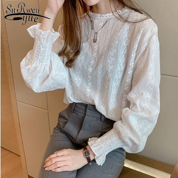 

casual lady long sleeve lace women blusas mujer de moda autumn large size 4xl white chiffon blouses 6202 50 210521