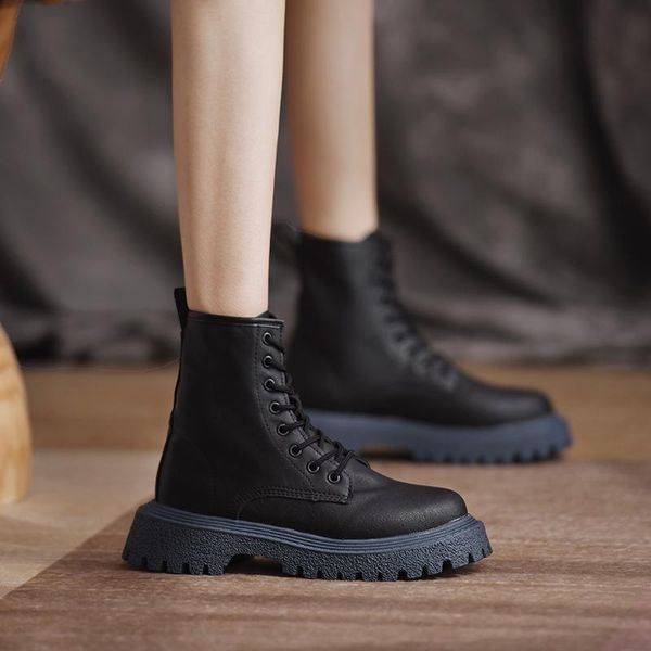 

boots women's thick-soled rubber ankle 2021 autumn winter black soft leather high-low-heel snow shoes lace-up casual