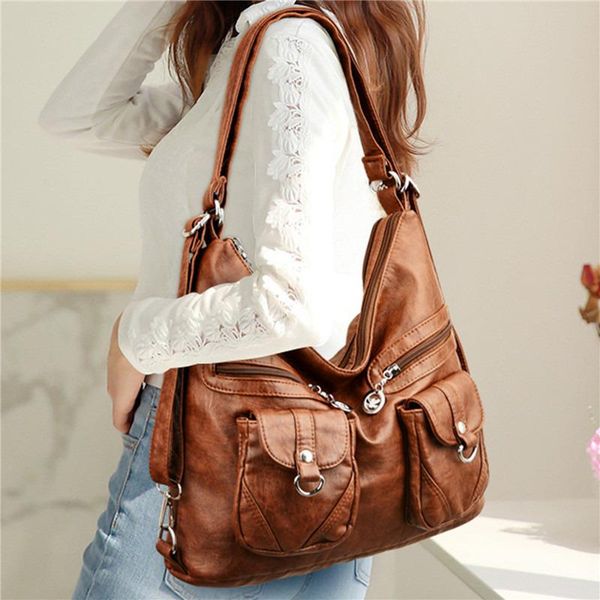 

evening bags washed pu women handbag lady shoulder bag double-compartment and multi-pocket roomy messenger tote with long strap