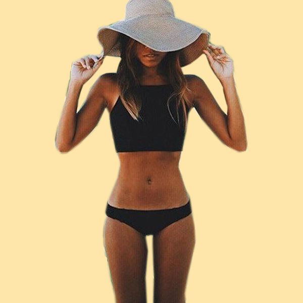 

women's summer high neck bikini set women swimwear swimsuit female push up crop bikinis bathing beach swim suit black, White;black