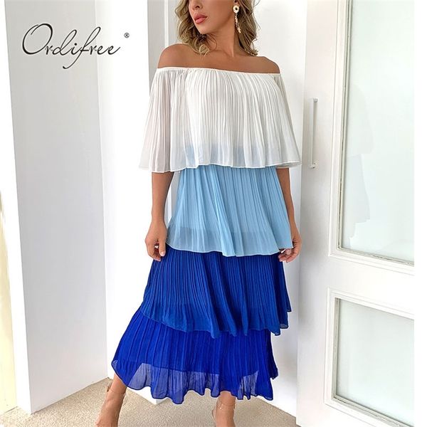 

summer women off shoulder ruffle dress vintage long party 210513, Black;gray