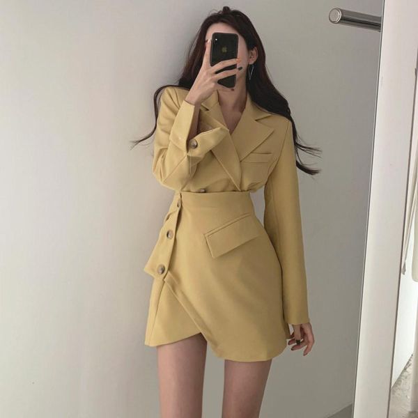 

fashion women elegant irregular mini blazer dress side button fake two pieces office lady long sleeve waisted slim casual dresses, Black;gray