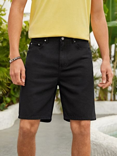 

men solid straight leg denim shorts k6c1#, Blue
