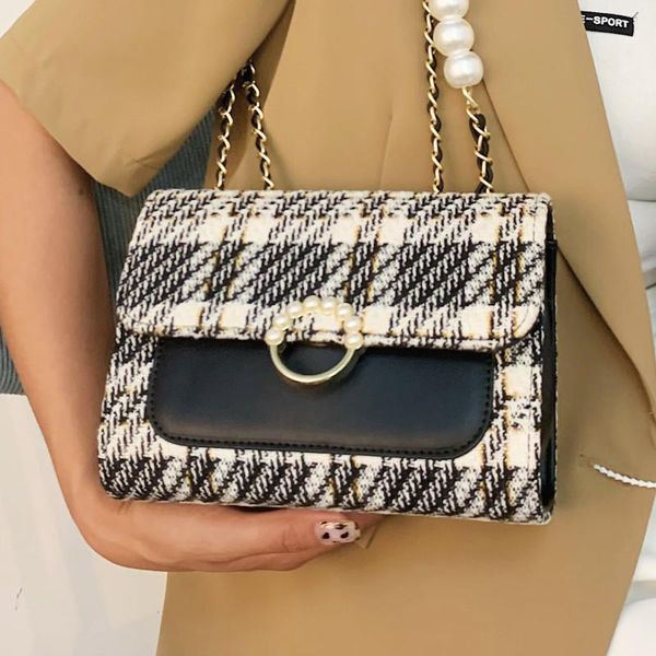 

evening bags quality woolen cloth crossbody bag female chain pearl shoulder brand designer handbags women's small flap messenger sac